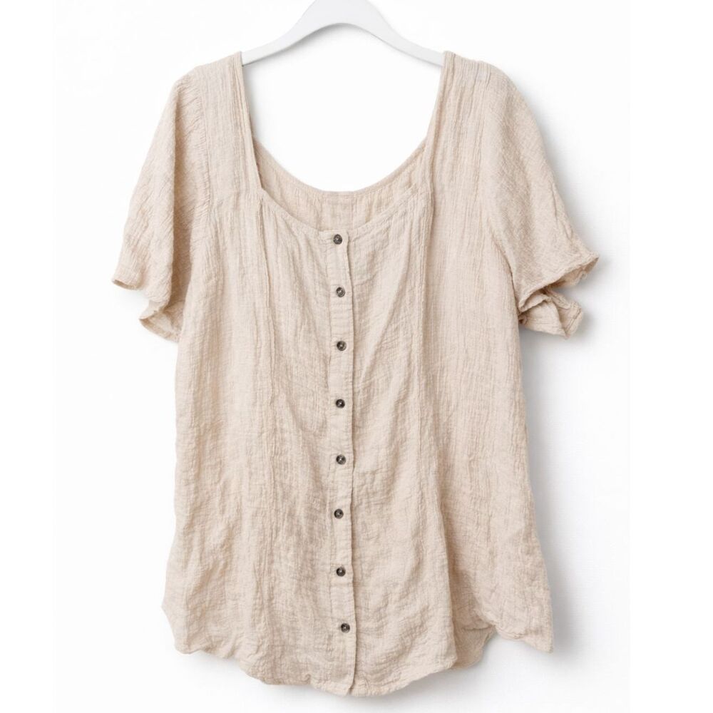 2 For $20 Boho Gauze Button Front Blouse 2XL 3XL Neutral Crinkle Cottage Top - Picture 2 of 8